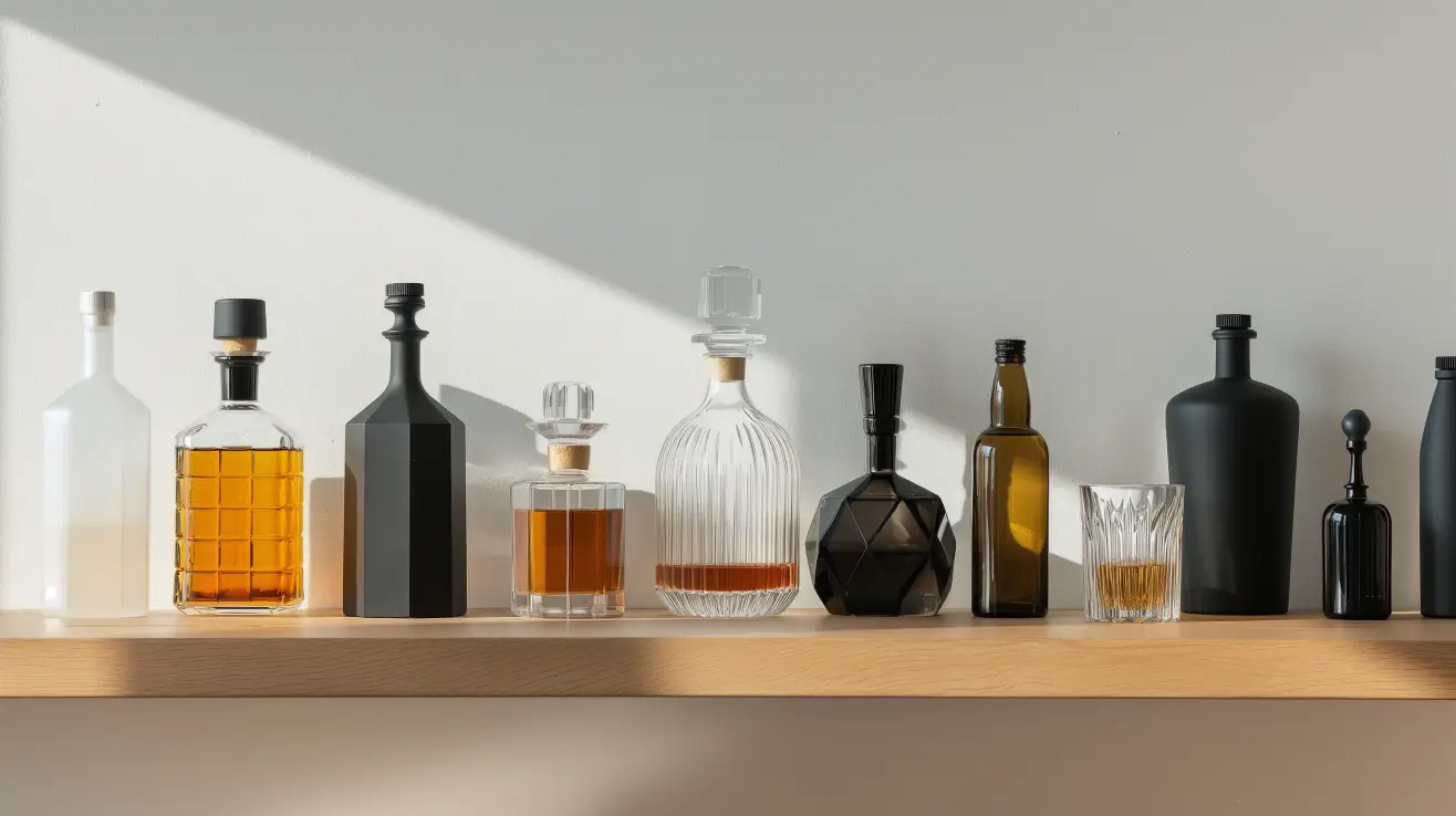 a variety of unique liquor bottles, including a crystal decanter, a sleek matte black flask, a vintage apothecary-style bottle, and a modern geometric glass bottle. Show diversity in shapes, sizes, and materials