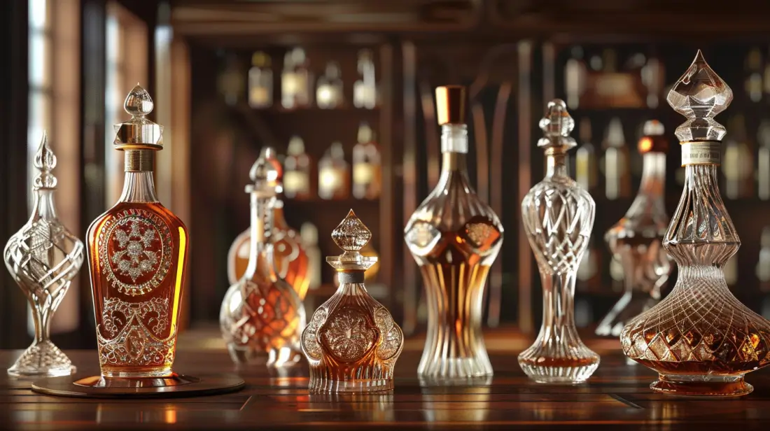 An array of elegantly designed liquor bottles in various sizes, showcasing intricate labels, luxurious shapes, and shimmering glass. Include a tall, slender bottle, a round, stout bottle, and a delicate miniature, all on a polished wooden bar.