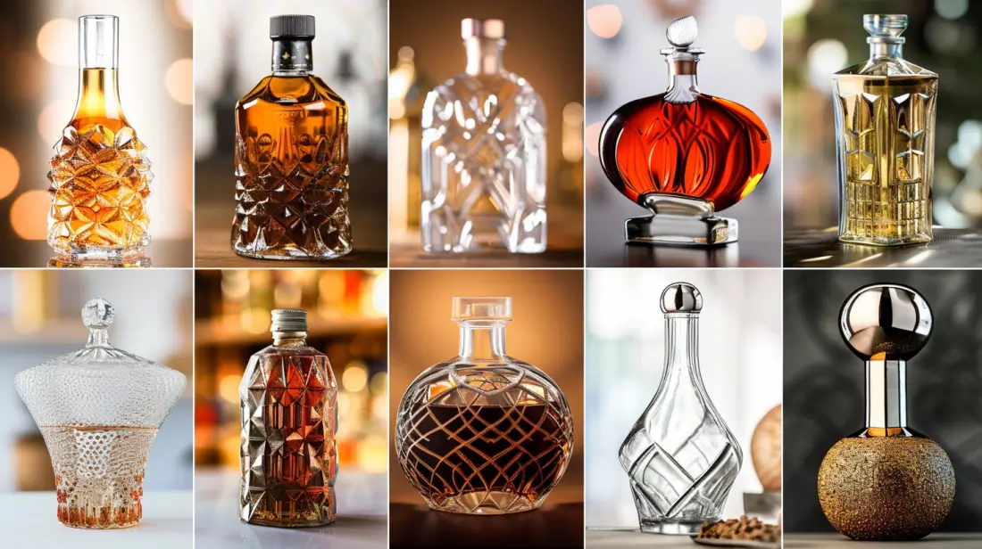 A collage of exquisite liquor bottles showcasing diverse materials: crystal, glass, metal, and ceramic. Highlight intricate designs, textures, and colors, emphasizing the elegance and craftsmanship of premium spirits packaging against a soft, blurred background.