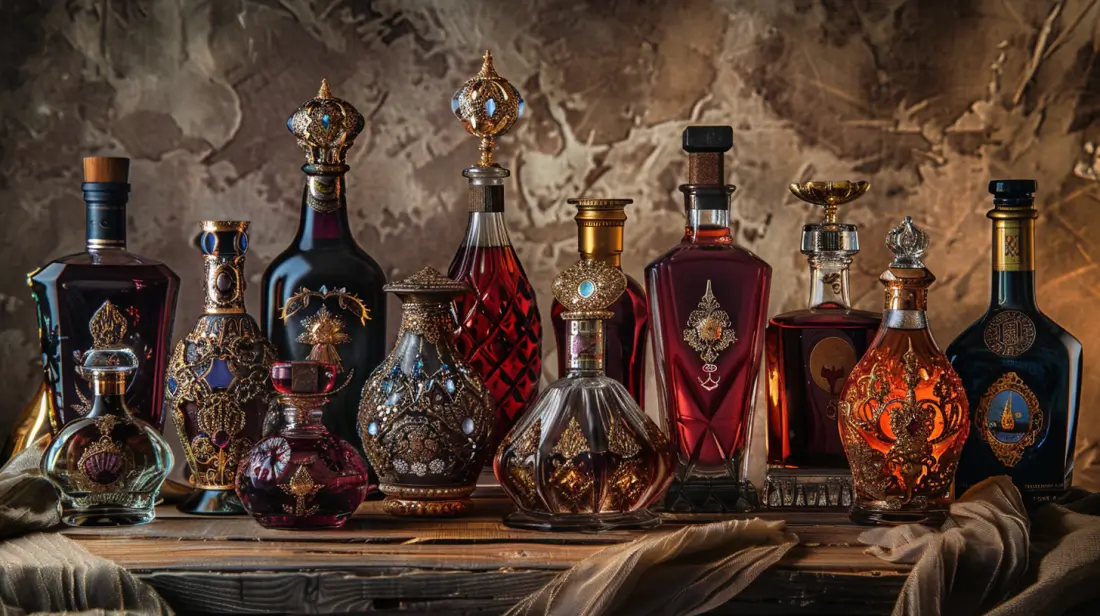 A collection of elegant, uniquely shaped liquor bottles with intricate designs, vibrant colors, and personalized labels, displayed on a polished wooden surface, surrounded by rich, textured fabric and soft, ambient lighting. 