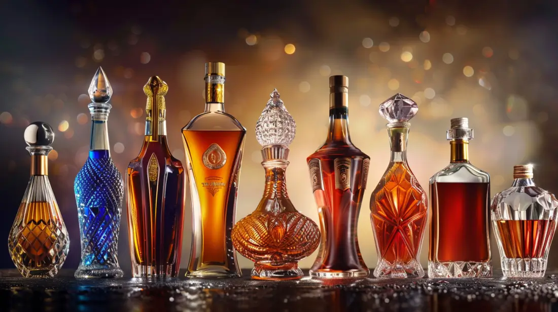 A luxurious display of diverse, elegant liquor bottles in various shapes and materials, showcasing intricate designs, vibrant colors, and textures, set against a soft, ambient background to highlight their premium appeal