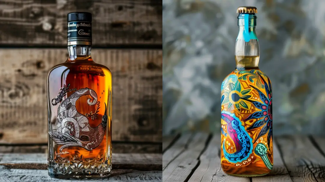 A split image showcasing a sleek glass liquor bottle with elegant labels on one side, and a colorful, modern plastic bottle with vibrant designs on the other, both set against a rustic wooden background.