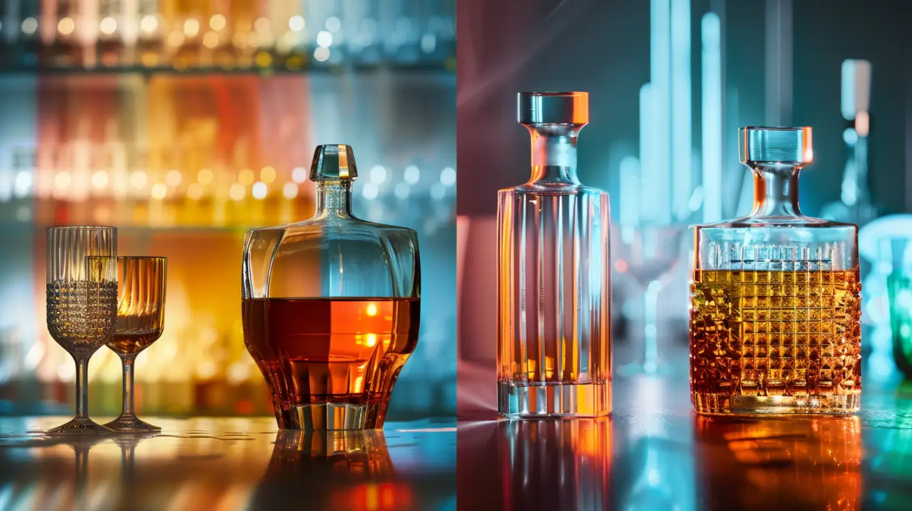 A split image showcasing a sleek glass liquor bottle with elegant reflections on one side, and a colorful, modern plastic bottle on the other, both surrounded by assorted spirits and tasting glasses.