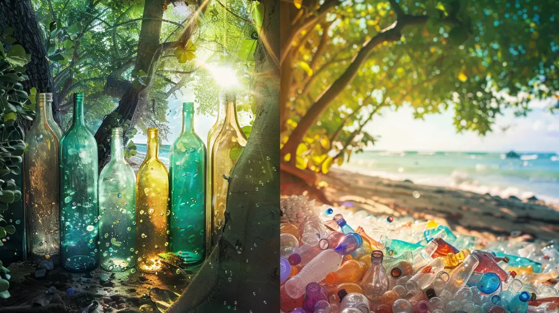 Glass Vs Plastic Liquor Bottles::a lush green forest with glass bottles sparkling in sunlight on one side, and a beach littered with colorful plastic bottles and debris on the other, highlighting environmental impact.