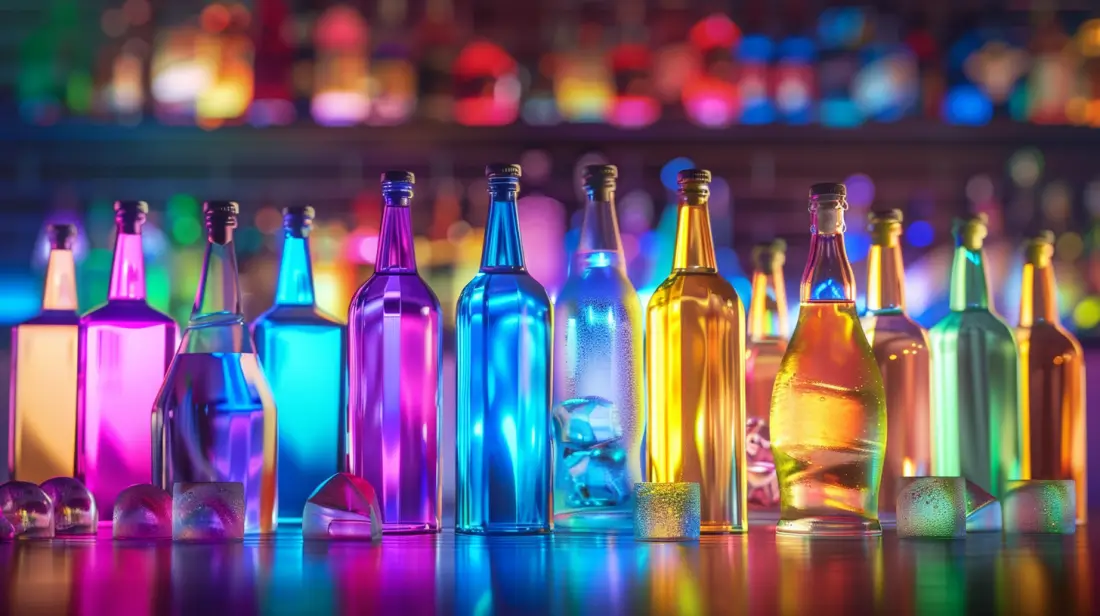 an image of sleek, modern plastic liquor bottles in vibrant colors, arranged artistically on a bar counter, with a blurred background of cocktails and ice, capturing a trendy, contemporary vibe.