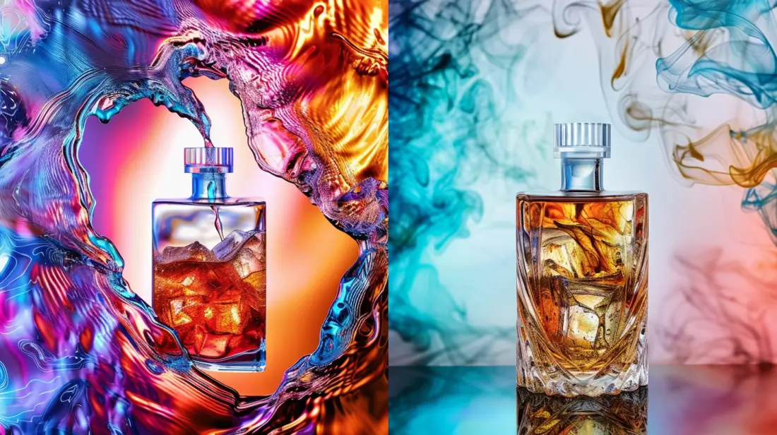 A split image featuring a glass liquor bottle with vibrant, swirling colors reflecting light, contrasted with a sleek, glossy plastic bottle. Surrounding them, visualize spirits being poured into elegant glasses, showcasing their rich colors.