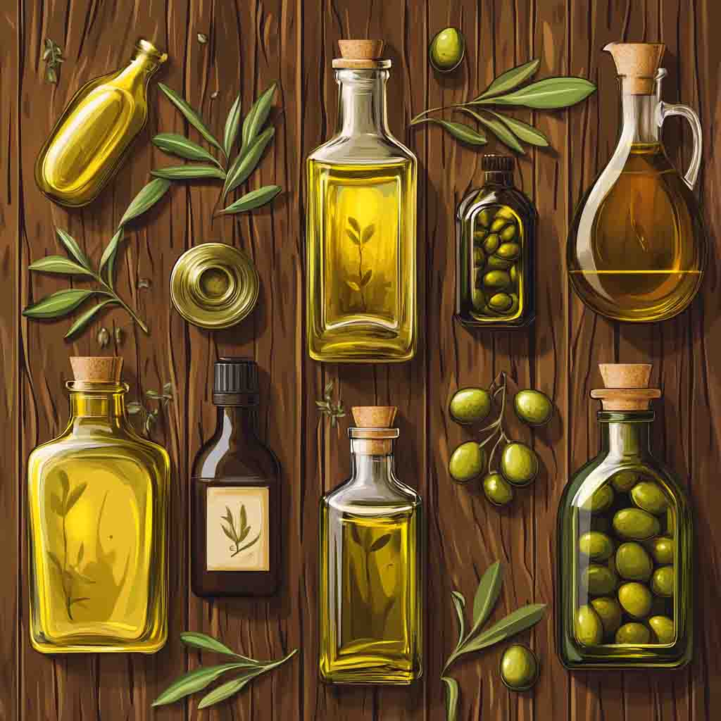 A collection of elegant olive oil bottles in various shapes and materials, displayed against a rustic wooden background. Highlight glass, ceramic, and tin designs, emphasizing labels and spouts, with natural olives and leaves scattered around.