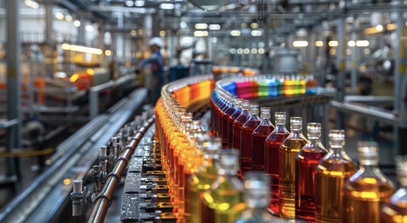 Business meeting between a buyer and a spirit bottle manufacturer, showcasing a table with various bottle designs and a calculator symbolizing pricing negotiations.