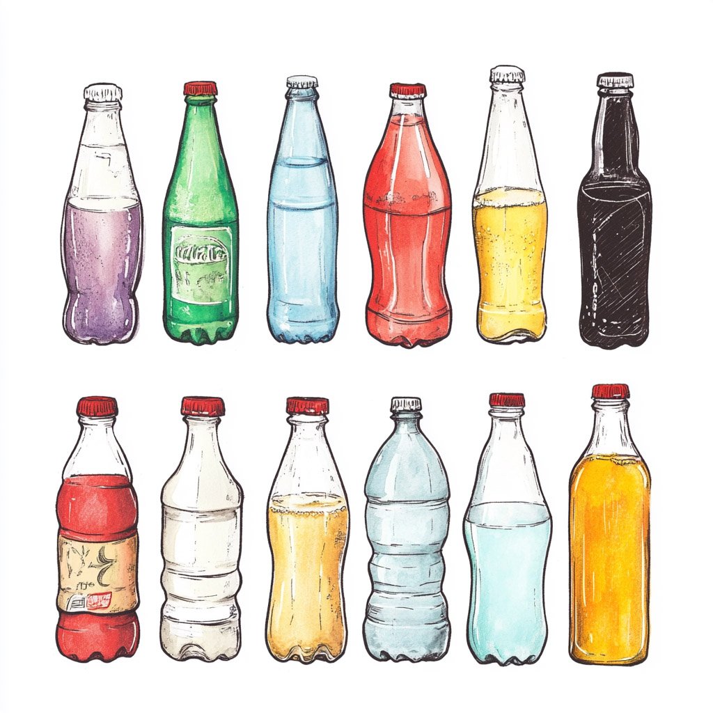 A vibrant display of beverage bottles, showcasing typical shapes glass beverage bottles and plastic bottles