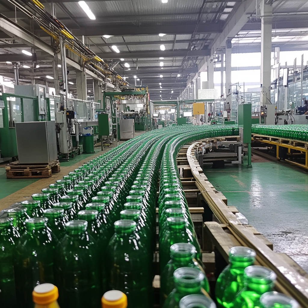 factory scene showcasing a production line in China of glass beverage bottles, finished bottles packaging in pallet and ready for shipment.