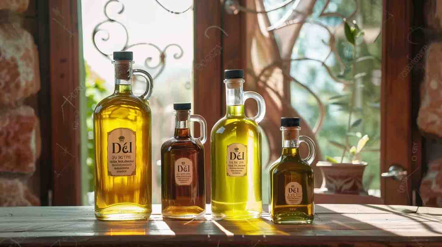 An array of beautifully designed olive oil bottles on a wooden table, showcasing various labels with details like origin, harvest date, and quality grade, surrounded by olives and olive branches for a natural touch.