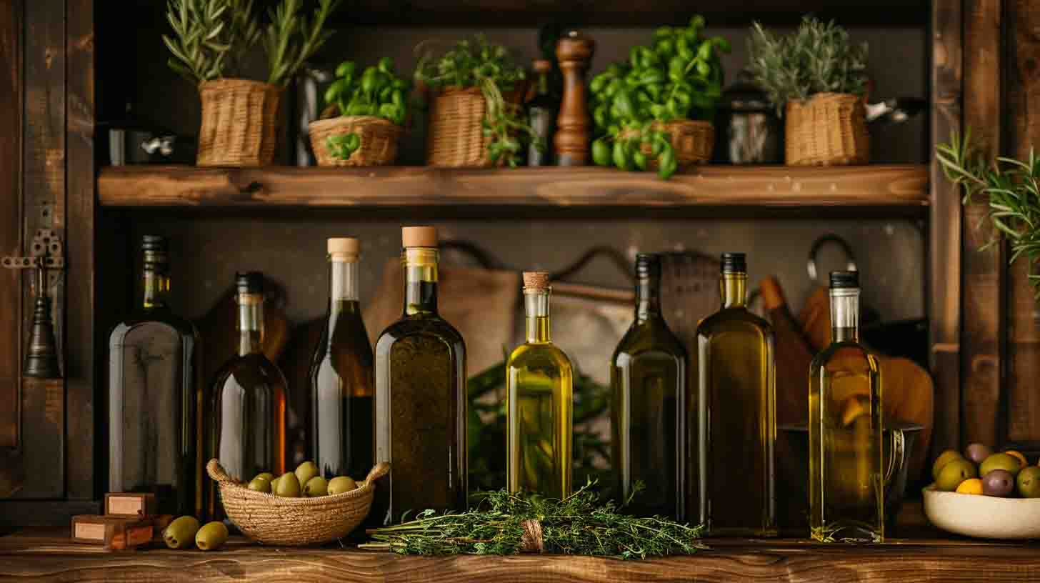 A collection of olive oil bottles as below in varying shades of green, amber, and clear glass, displayed on a table. Sunlight filters through, highlighting their elegant shapes and reflecting on the surface.