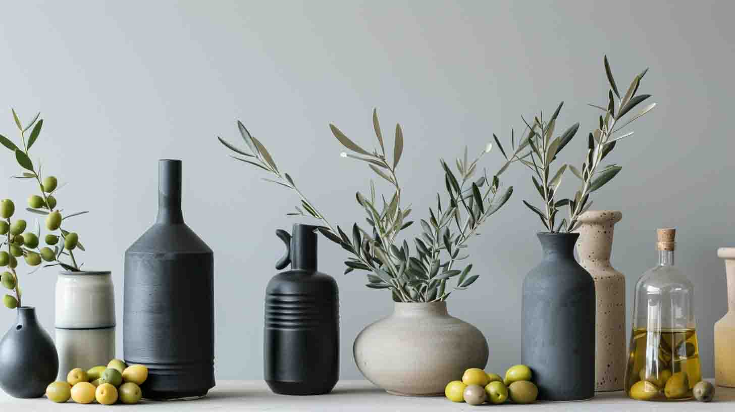 A variety of olive oil bottles displayed on a table: dark glass, tin cans for olive oil, ceramic jugs for olive oil, and clear plastic PET bottles for olive oil, each showcasing unique shapes and colors, surrounded by olives and olive branches, Photography style.