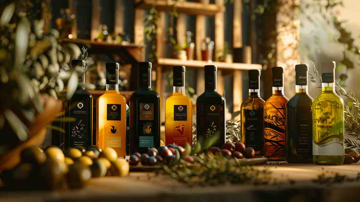 A collection of elegant olive oil bottles, showcasing various shapes and colors, with intricate labels and natural cork stoppers, set against a rustic wooden backdrop with olive branches and soft, warm lighting.