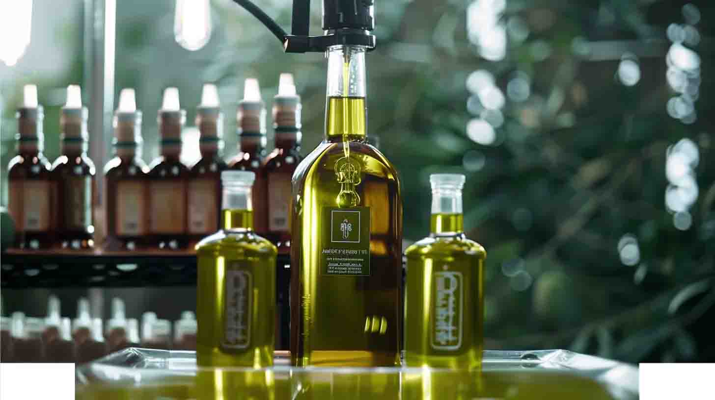 A sleek, modern olive oil filling machine in a bright, spacious factory setting, surrounded by glass olive oil bottles below being filled, with glistening green olive oil flowing smoothly from the nozzle.