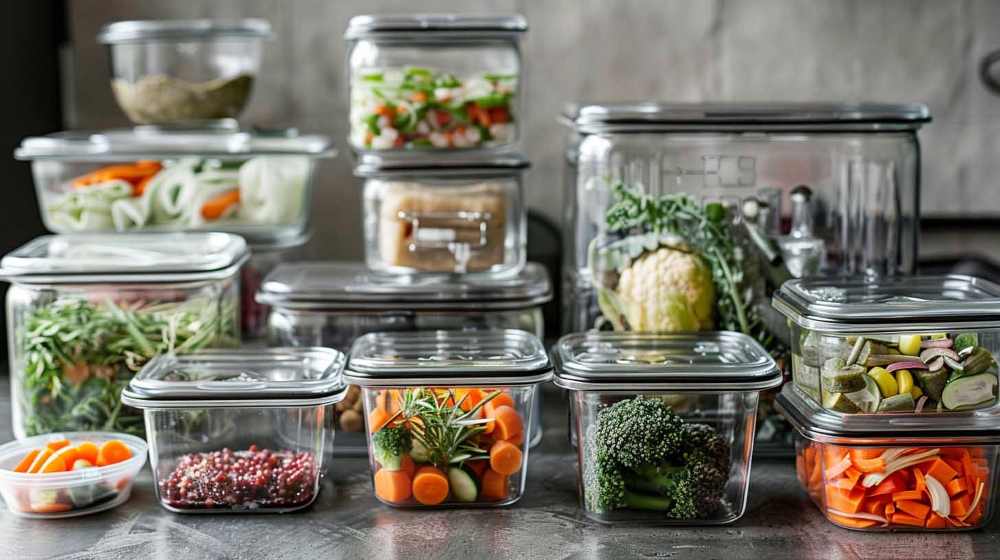 A variety of elegant glass food containers in different shapes and sizes, showcasing airtight lids, colorful food inside, and a rustic wooden background, highlighting the beauty and functionality of glass packaging solutions. --v 6 --ar 16:9