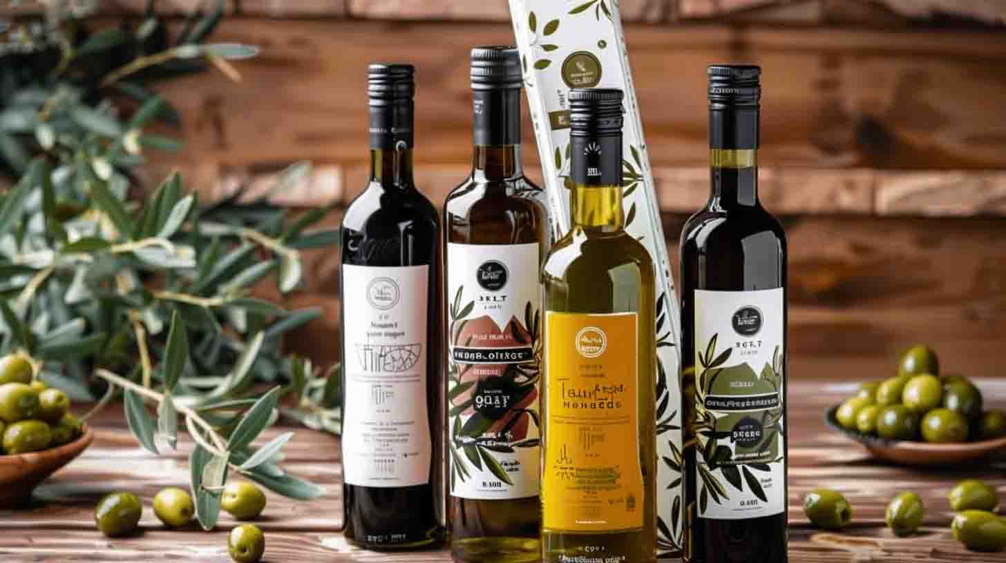 A collection of olive oil bottles as below in varying shades of green, amber, and clear glass, displayed on a table. Sunlight filters through, highlighting their elegant shapes and reflecting on the surface.