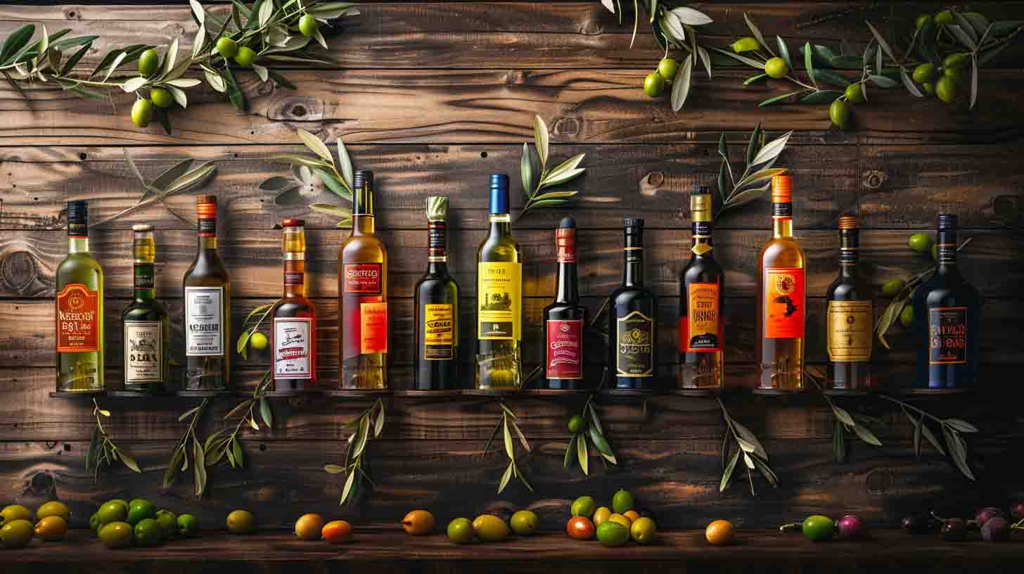 Create an image showcasing an elegant display of 20 diverse olive oil bottles, highlighting unique shapes, colors, and labels, set against a rustic wooden background with fresh olives and olive branches for contrast.