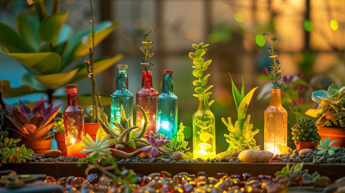 A vibrant table scene showcasing empty miniature liquor bottles transformed into eco-friendly planters, filled with small succulents and herbs, surrounded by colorful recycled materials and natural elements like pebbles and wood, under soft, warm lighting. 