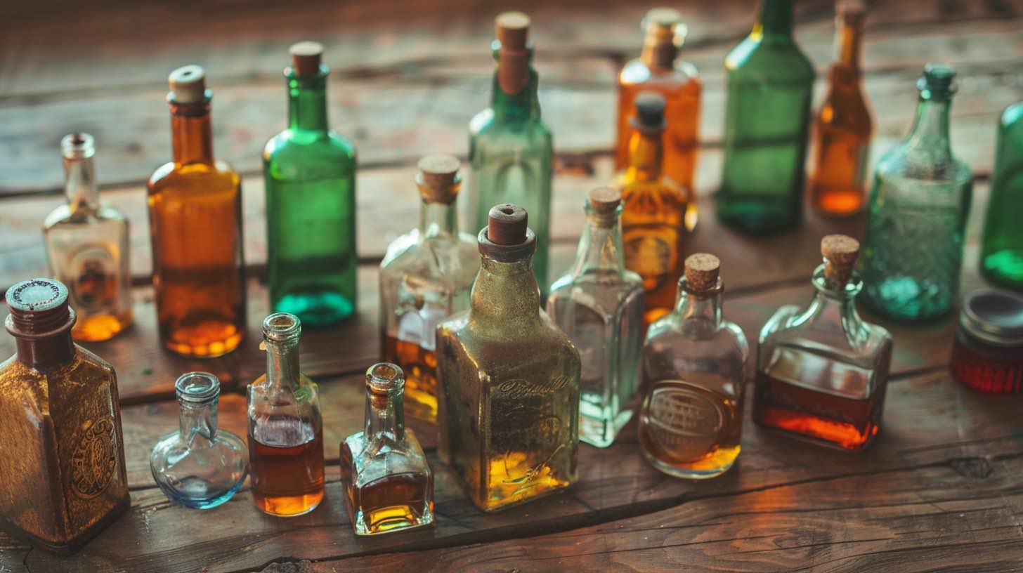 A vibrant display of various empty miniature liquor bottles arranged artfully on a wooden table, surrounded by lush greenery, showcasing elegant shapes and colors, with a few open boxes labeled "wholesale suppliers" in the background.