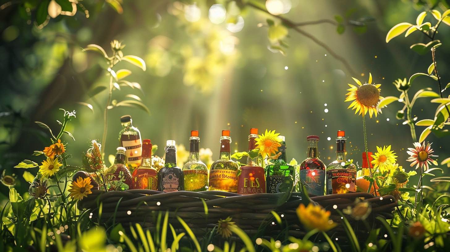 A vibrant display of assorted little liquor bottles, each uniquely shaped and colorful, nestled in a picnic basket surrounded by lush green grass, sunflowers, and sparkling sunlight filtering through trees.