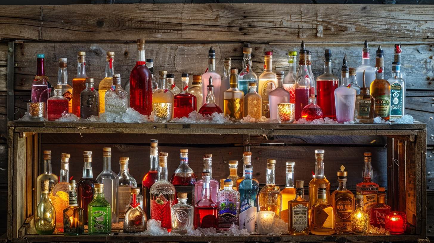 Create a vibrant arrangement of various little liquor bottles in a cozy bar setting, showcasing diverse shapes, colors, and labels. Include a background of rustic wood and soft, warm lighting for an inviting atmosphere. 