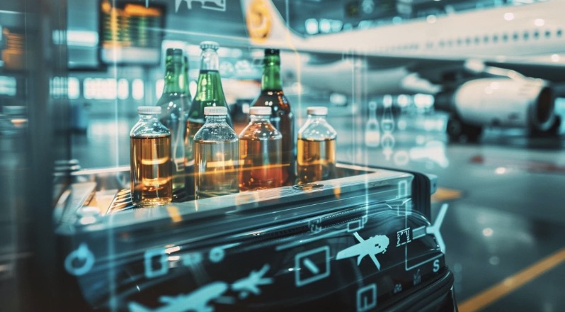 Assorted miniature airplane alcohol bottles arranged neatly within a regulation-compliant carry-on bag, set against airport security symbols and an airplane silhouette backdrop.