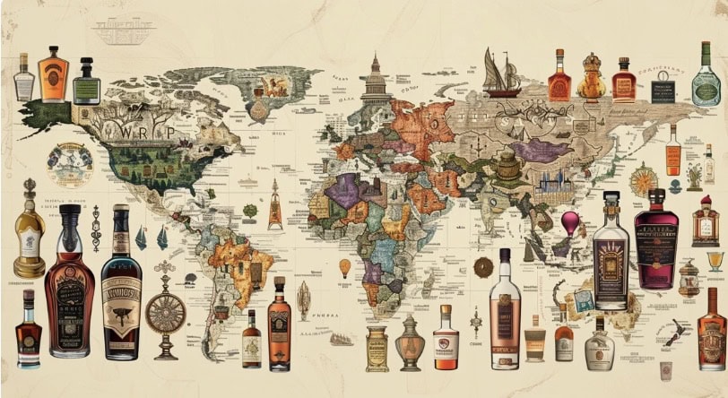 Carte mondiale montrant les principaux fabricants de bouteilles d'alcool, chacun représenté par une bouteille distincte et au design complexe de leur alcool signature.