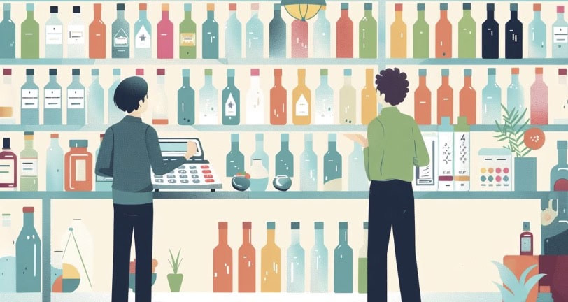 Réunion d'affaires entre un acheteur et un fabricant de bouteilles d'alcool, présentant une table avec divers modèles de bouteilles et une calculatrice symbolisant le processus de négociation.