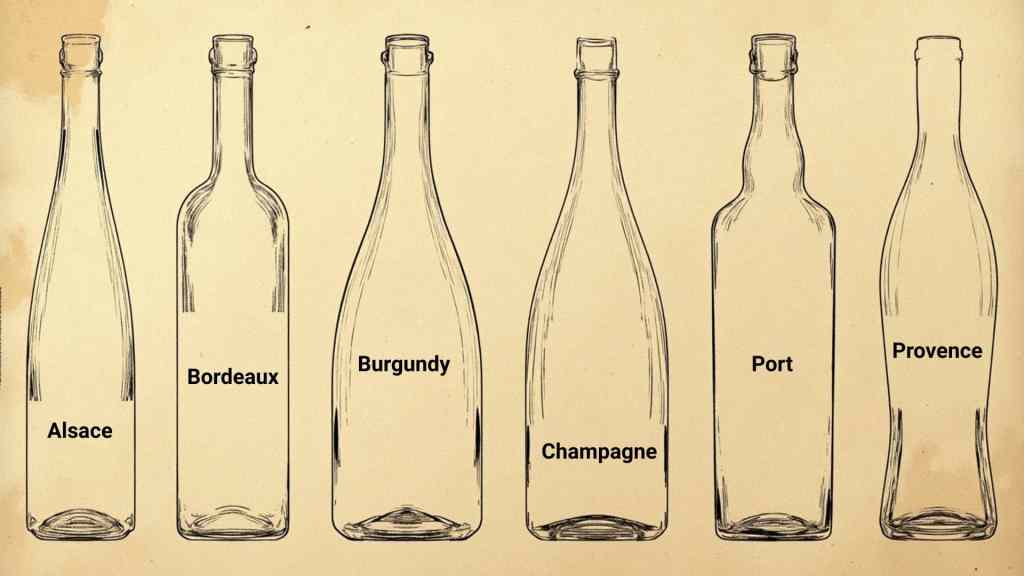 Guide illustré présentant six types de bouteilles de vin, étiquetées de gauche à droite : Alsace, Bordeaux, Bourgogne, Champagne, Porto et Provence. L'illustration est réalisée sur un fond marron clair texturé.