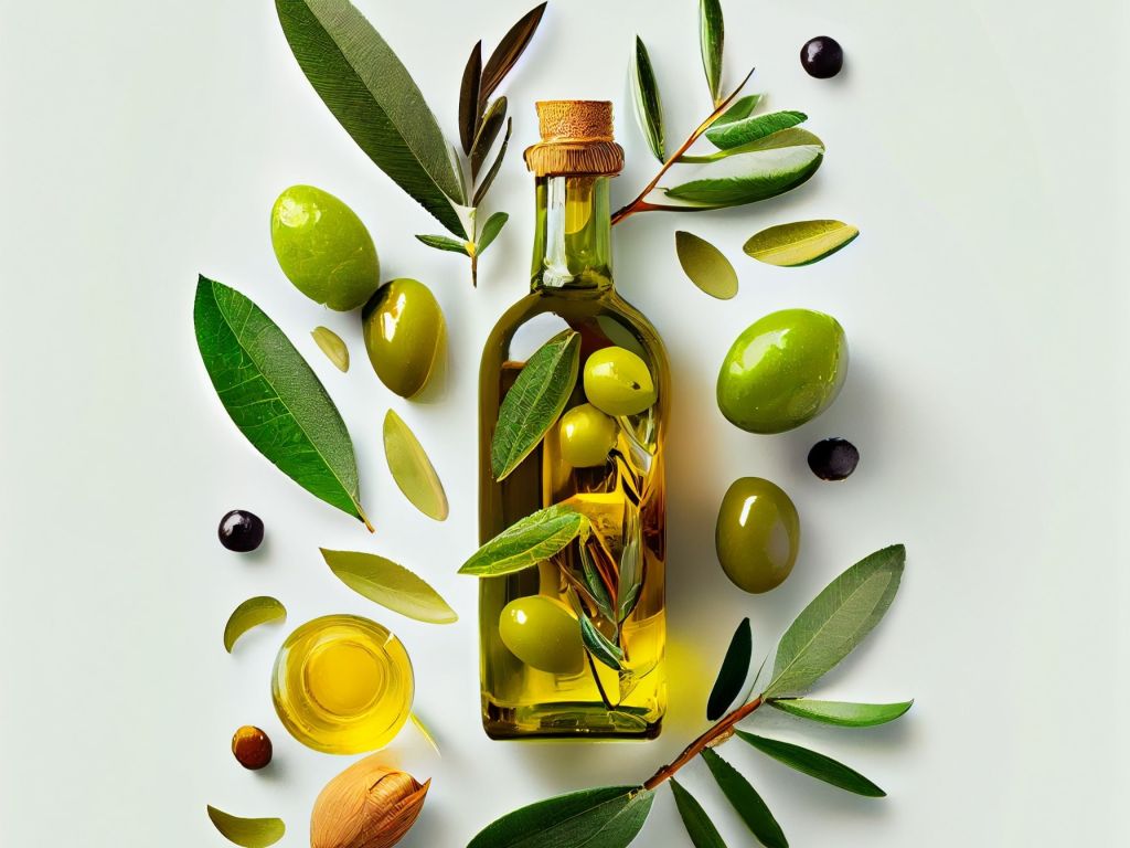 A clear glass bottle of light golden olive oil decorated with green olives, black olives, olive leaves, and a small dish of oil on a white background.