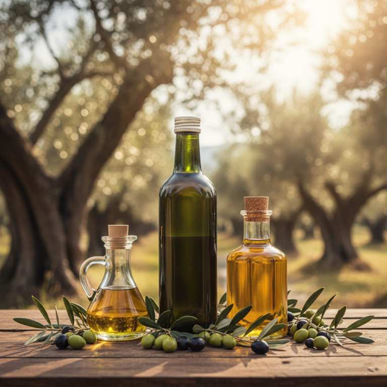 Dorica and Marasca olive oil bottle shapes side-by-side in an olive grove, demonstrating best olive oil container designs.