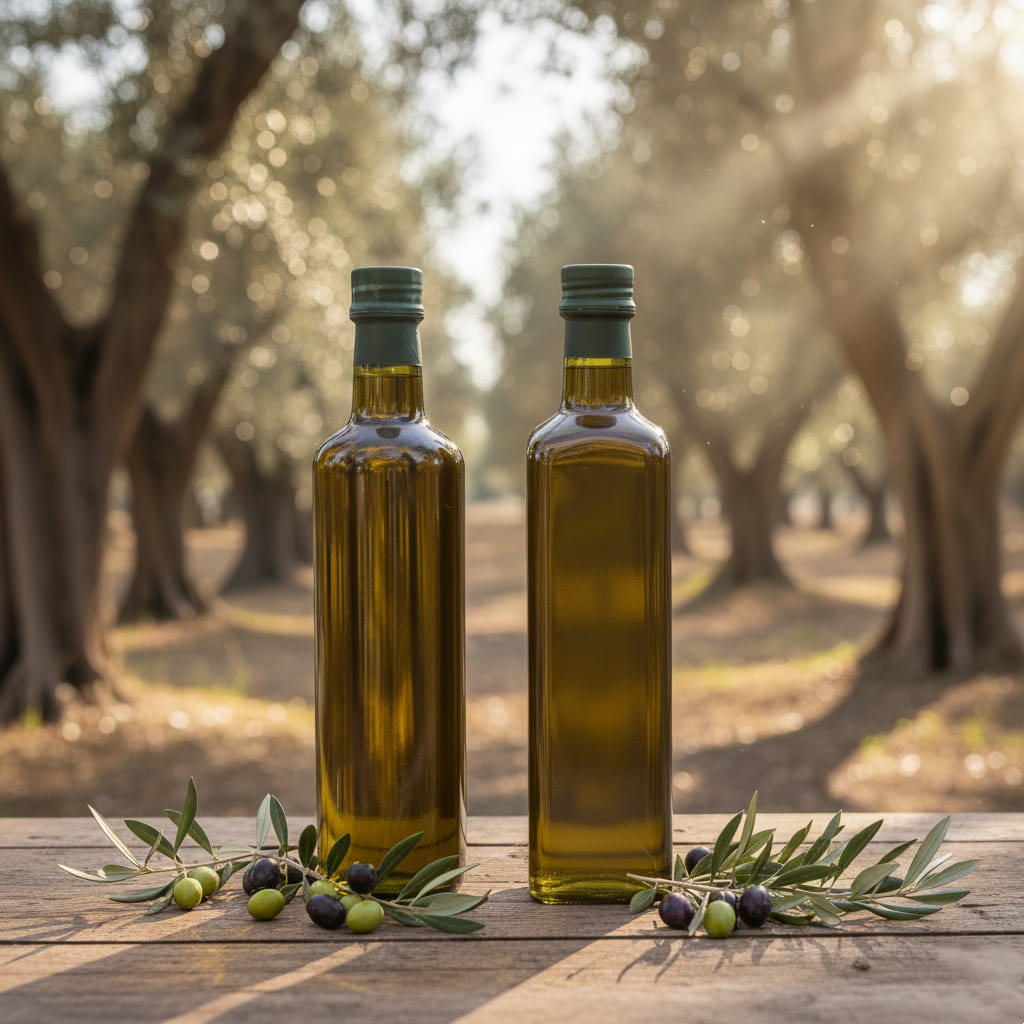 Two identical square-shaped olive oil bottle examples with olive branches in a sun-drenched olive grove.