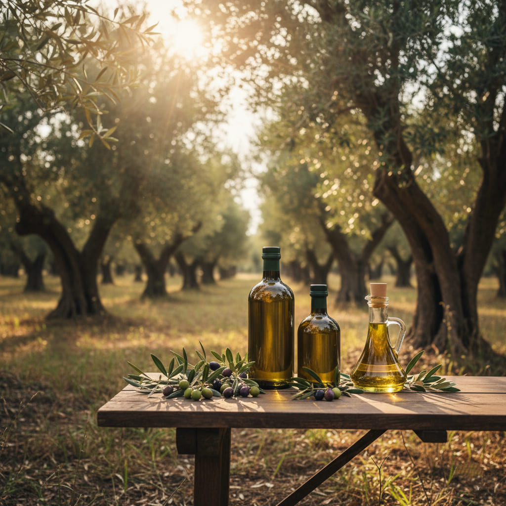 Best olive oil container comparison: Dark green bottle, oil cruet, and a wide clear glass bottle in an olive grove setting.