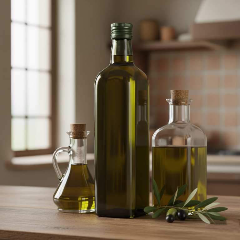 A large olive oil bottle, a medium carafe, and a small glass dispenser on a kitchen counter, showing varying olive oil storage materials.