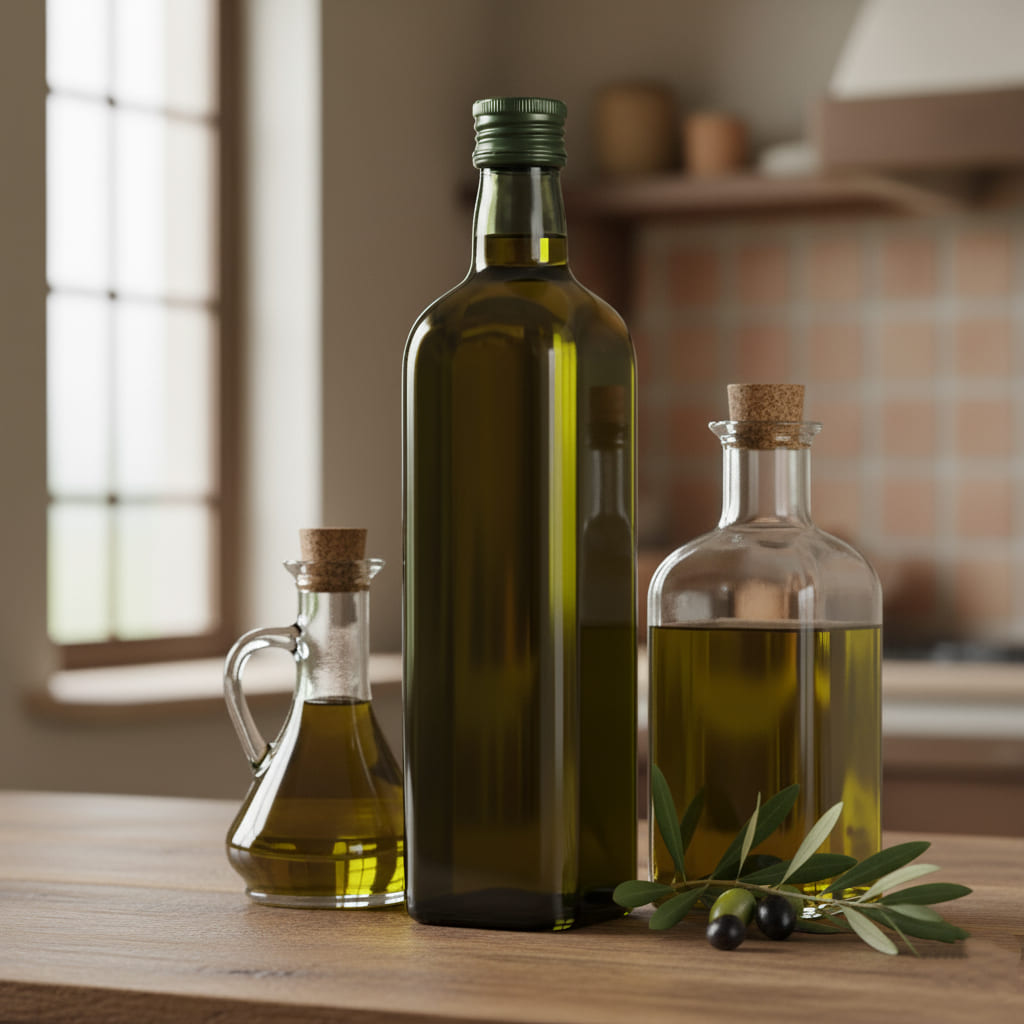 A large olive oil bottle, a medium carafe, and a small glass dispenser on a kitchen counter, showing varying olive oil storage materials.