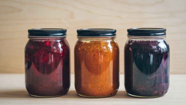 Three glass canning jars with black lids containing different colored fruit preserves—deep red, golden orange, and dark purple—placed side by side on a wooden table.