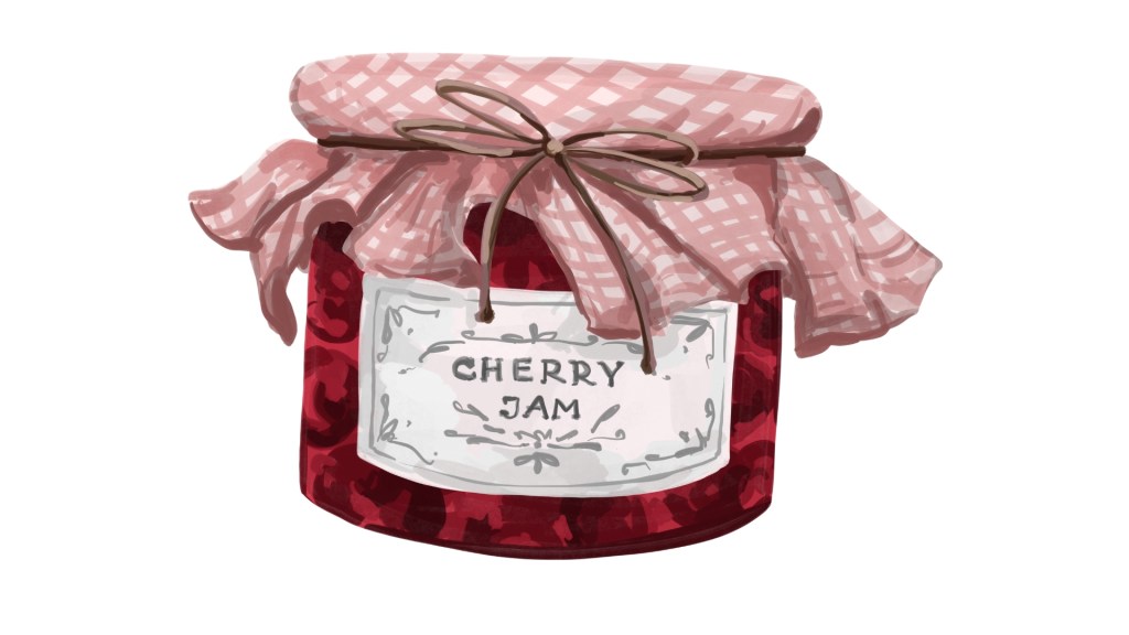 Illustration of a glass jar filled with cherry jam, covered with a pink gingham cloth secured by brown twine and a handwritten label reading “CHERRY JAM.”