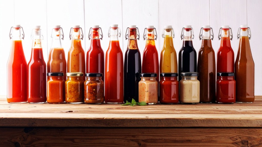 Rows of swing-top bottles and small jars filled with various homemade hot sauces in shades of red, orange, yellow, and brown on a wooden surface.
