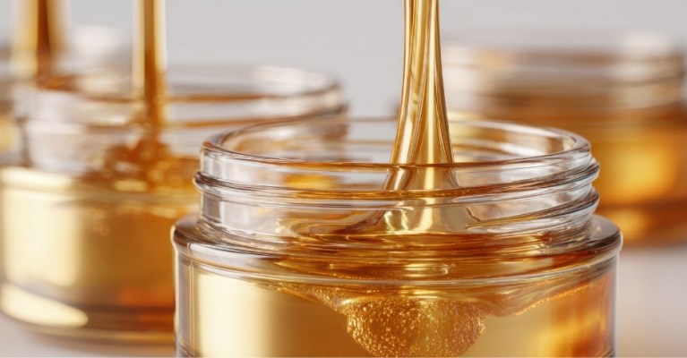 Thick golden honey being poured into a clear glass jar, forming a long, silky thread with a glossy and translucent texture; several similar honey jars in the blurred background.