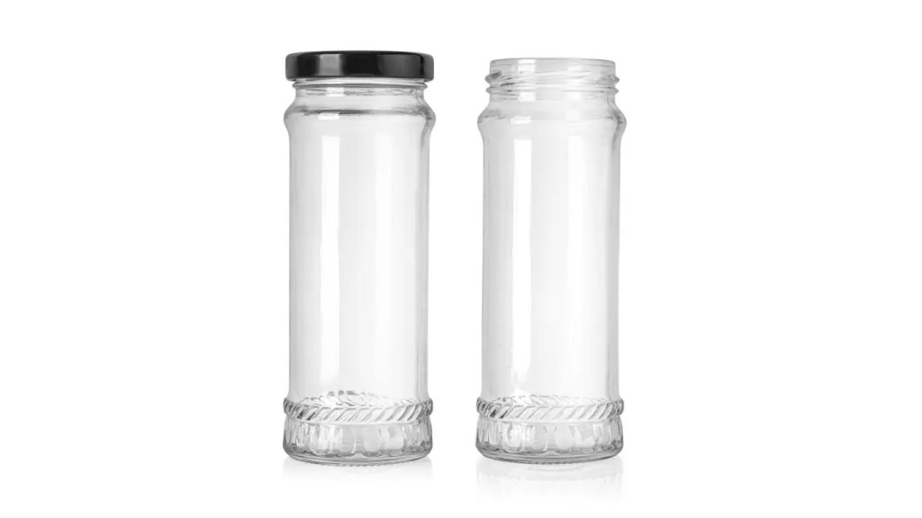 Two ultra-tall wholesale paragon glass jars showcasing thick treaded anti-topple bases and deep lug finishes.