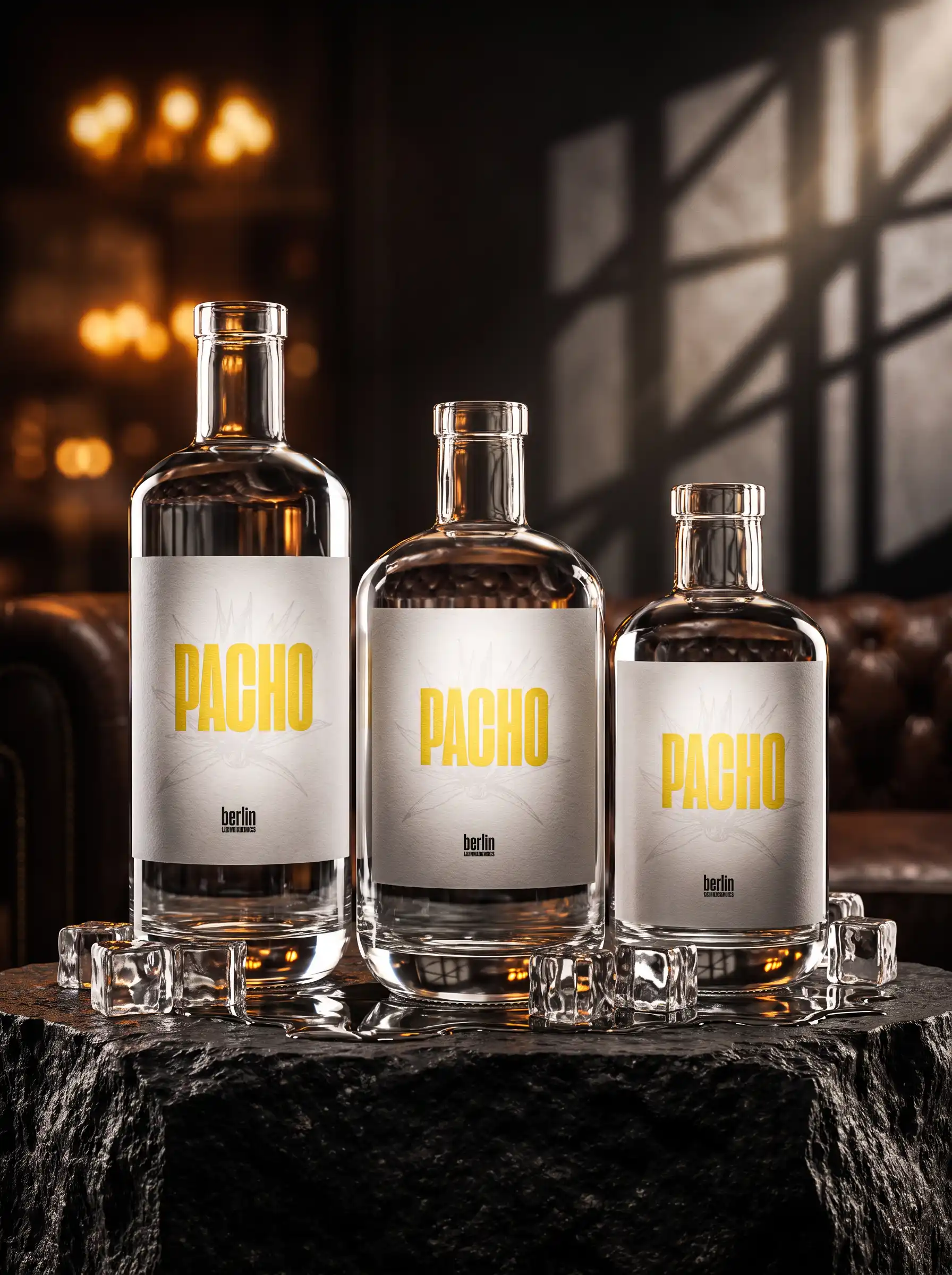 three Pacho spirits bottles filled with amber liquid next to crystal whiskey glass on wooden bar