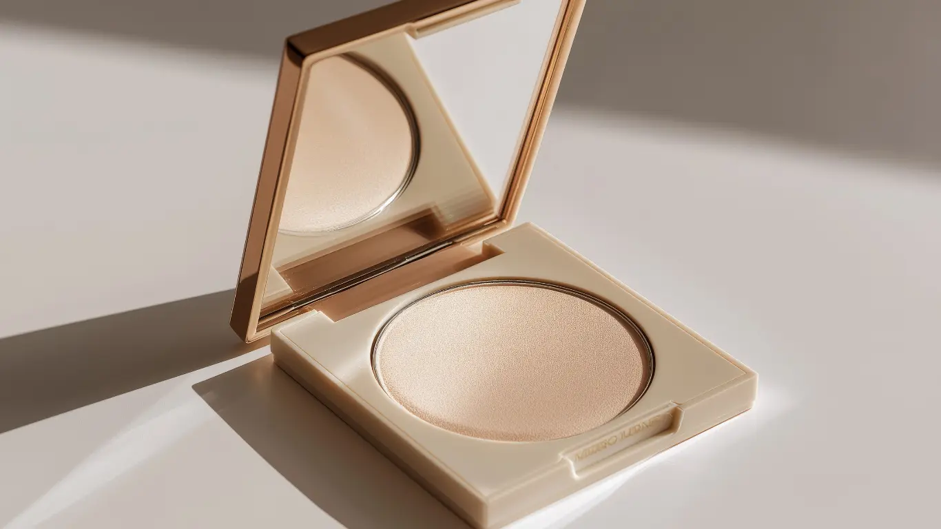 Beige gold framed mirror powder compact, premium pressed powder makeup case