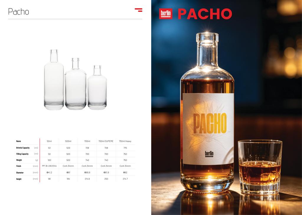 Pacho spirits bottles in various sizes including 50ml 500ml 700ml and 750ml with product specifications and premium rendered bottle
