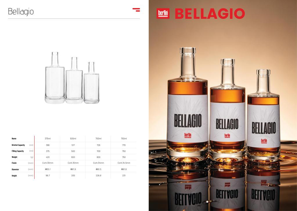 Bellagio glass liquor bottle catalog spread with full dimensions, technical specifications and product render, 375ml, 500ml, 700ml, 750ml clear spirits bottles from Berlin Packaging APAC