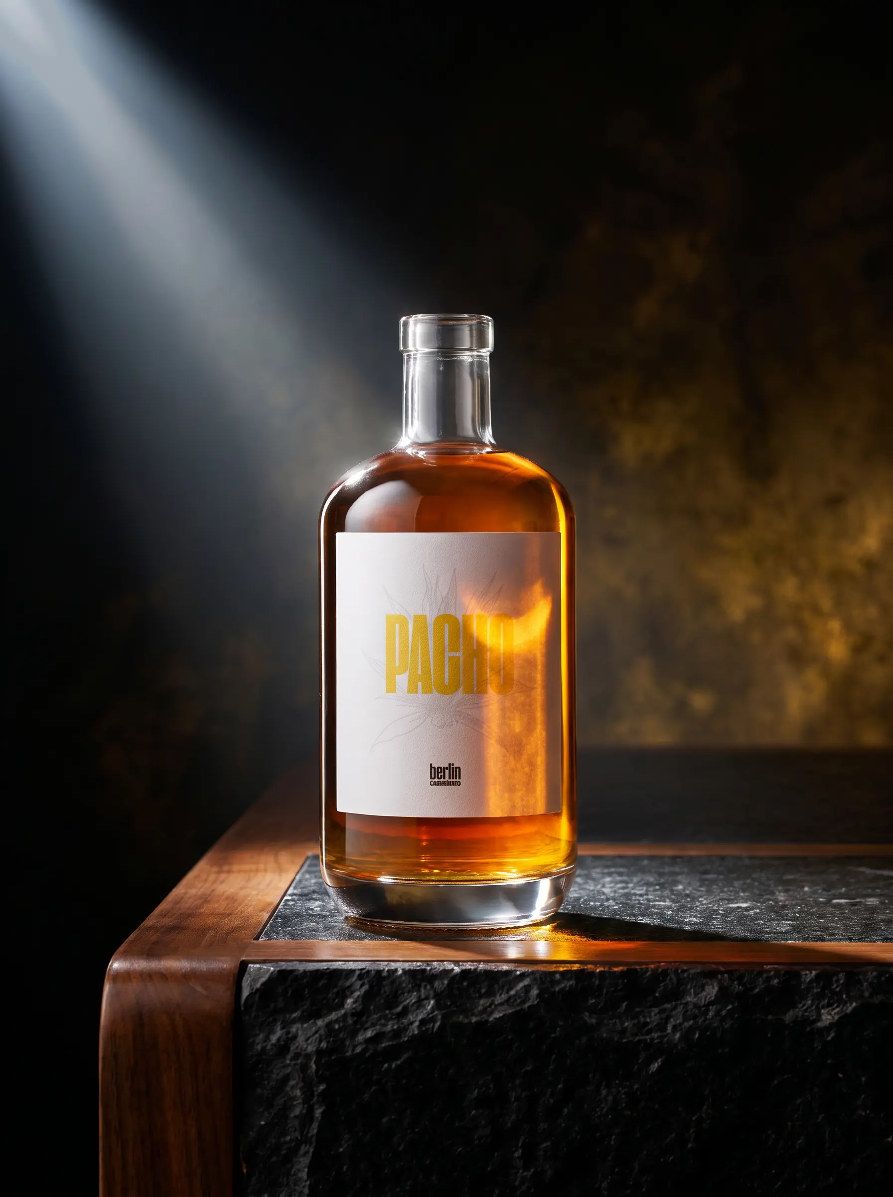 single Pacho spirits bottle filled with amber liquid under dramatic spotlight on dark surface