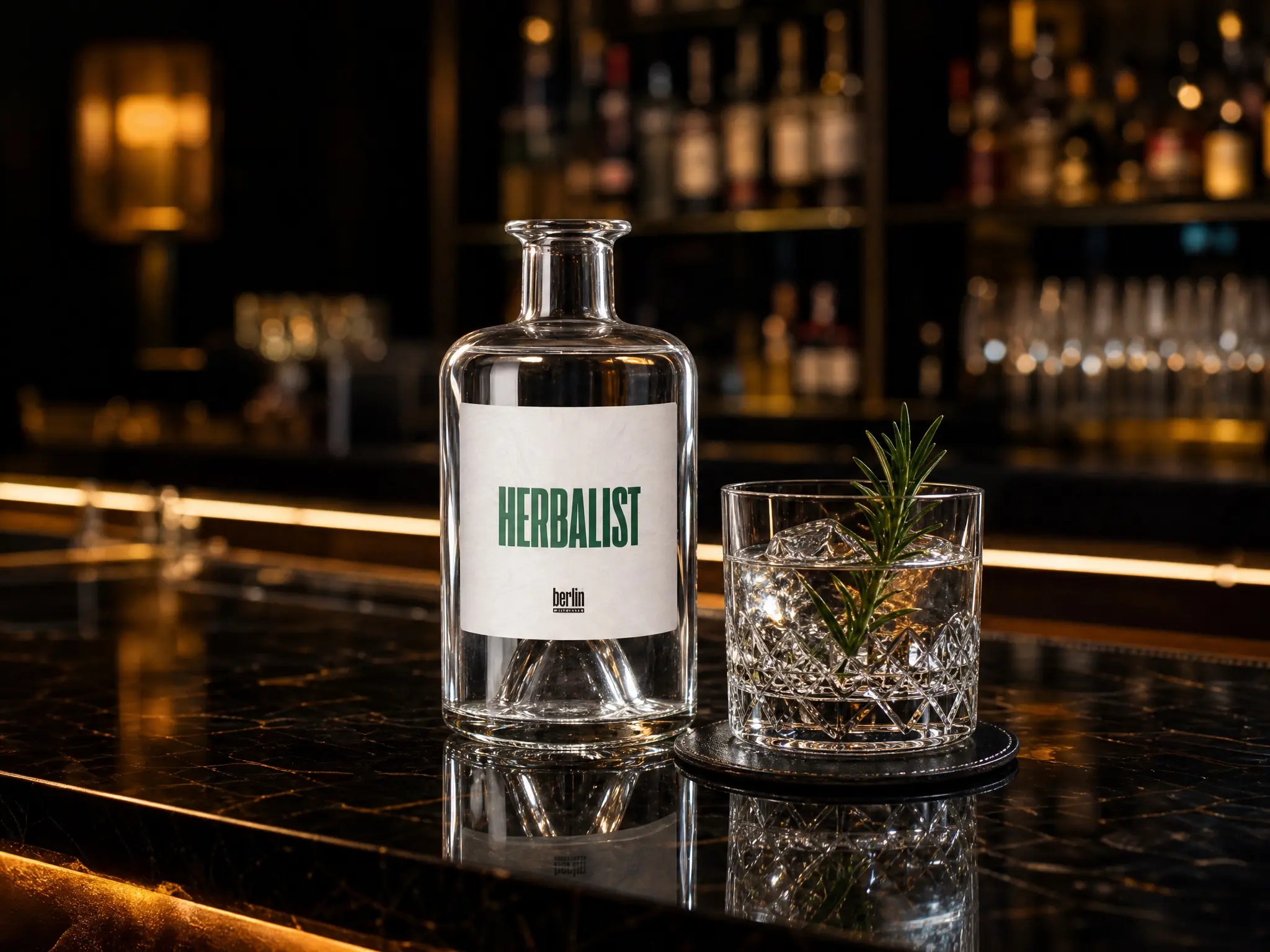 Blank Herbalist glass gin bottle beside rocks glass with ice and fresh rosemary sprig for botanical gin serve, dark marble bar top, Berlin Packaging APAC bulk herbal liqueur packaging