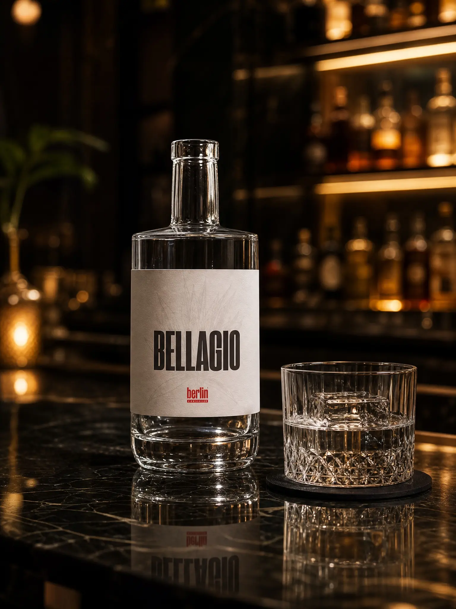 Individual Bellagio flint glass spirit bottle on dark marble bar, empty premium liquor bottle for vodka gin private label bulk wholesale