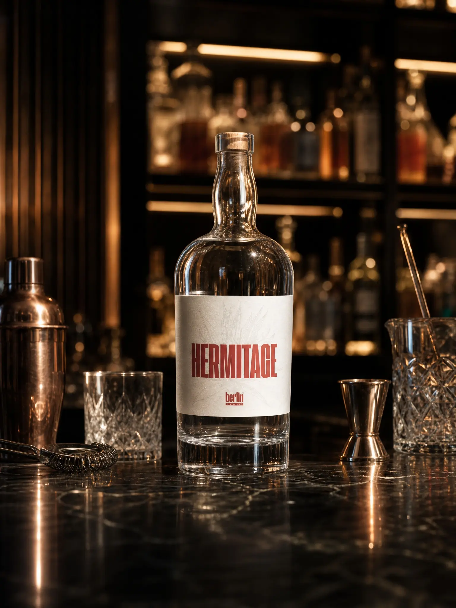 Empty Hermitage clear glass liquor bottle surrounded by copper cocktail tools, wholesale spirit packaging for private label gin vodka Berlin Packaging APAC