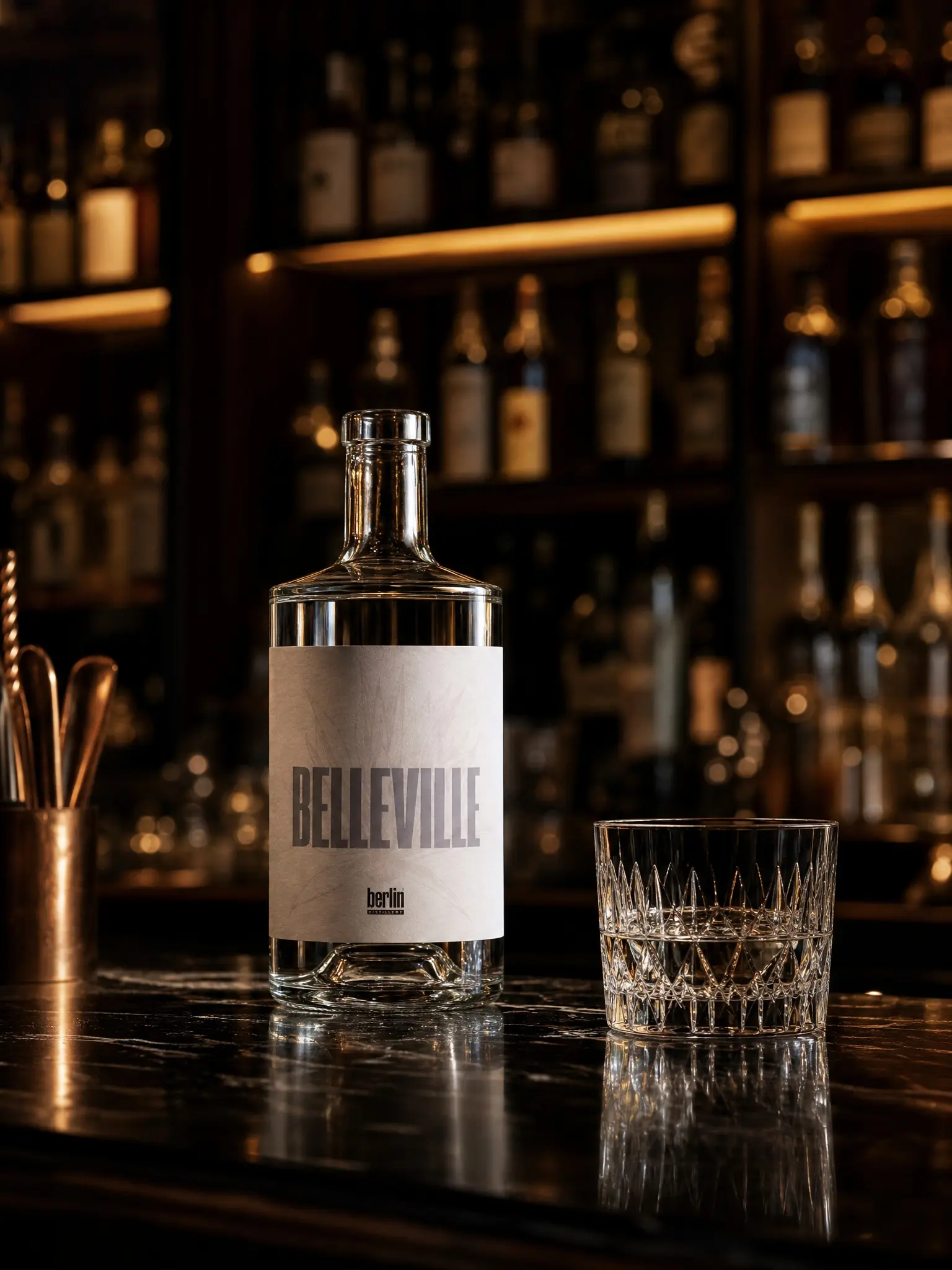 Single empty Belleville rectangular glass spirit bottle paired with cut crystal tumbler on dark marble bar counter, wholesale glass packaging for craft spirits Berlin Packaging APAC